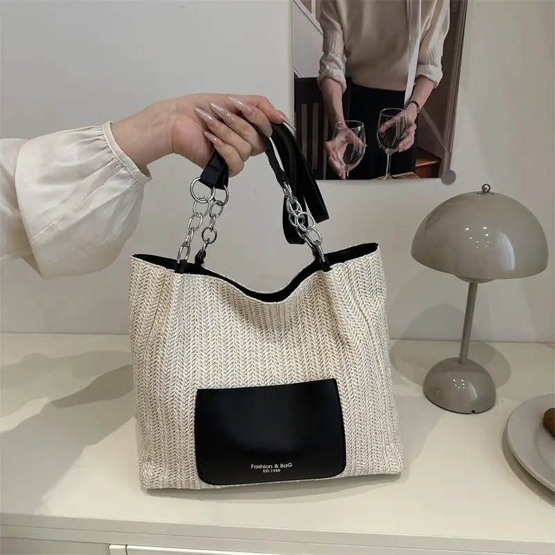 Women's Beige Straw Tote Bag with Pink Leather Panel - Image 4