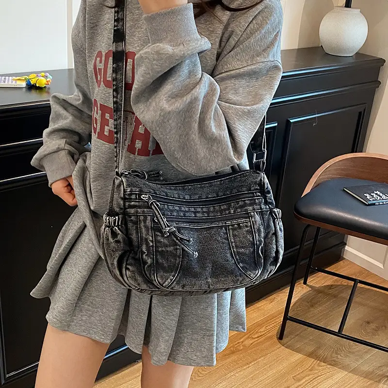 New Large Capacity Women's Bag Denim Washed Retro American Style Shoulder Crossbody Bag
