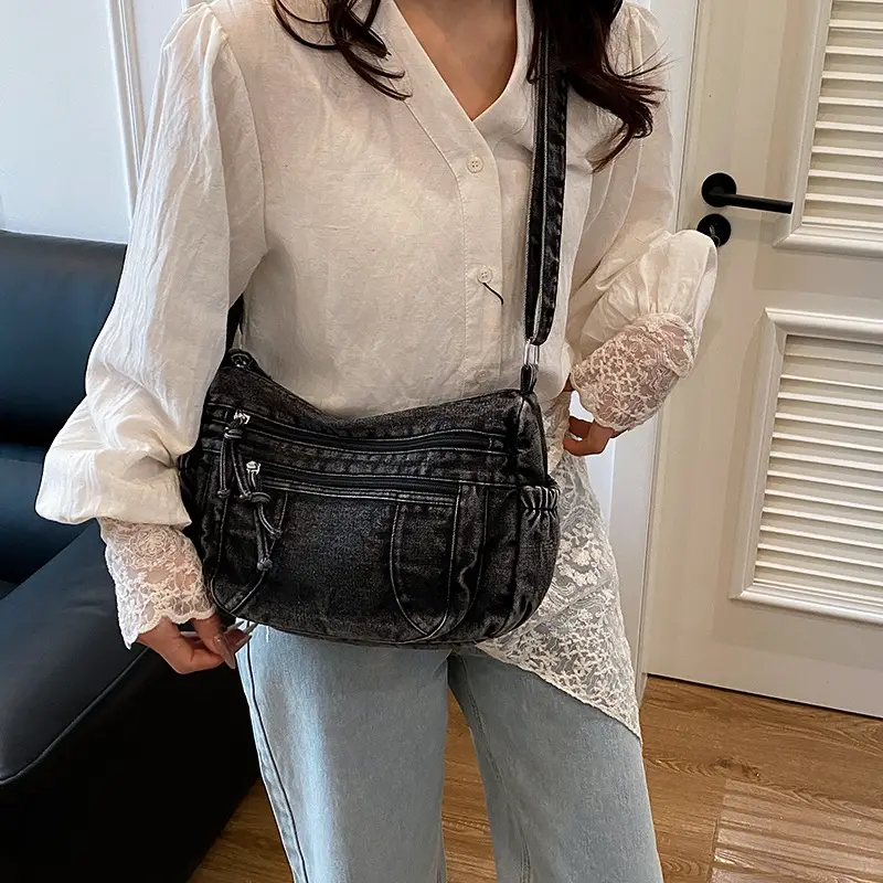 New Large Capacity Women's Bag Denim Washed Retro American Style Shoulder Crossbody Bag