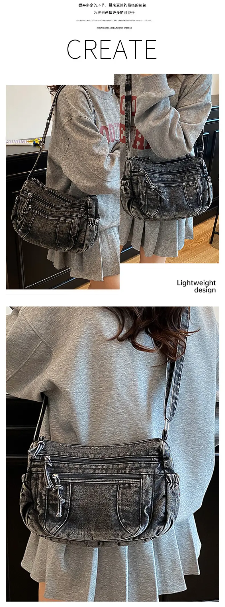 New Large Capacity Women's Bag Denim Washed Retro American Style Shoulder Crossbody Bag — feature 10