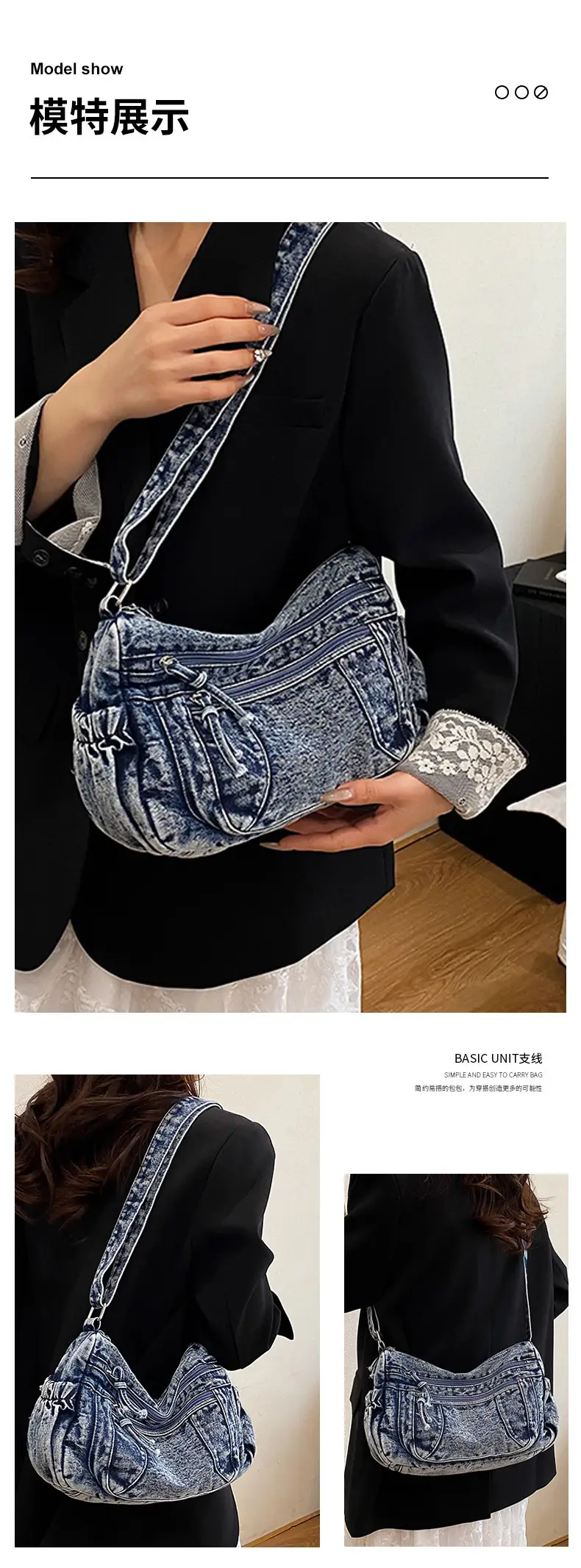 New Large Capacity Women's Bag Denim Washed Retro American Style Shoulder Crossbody Bag — feature 9