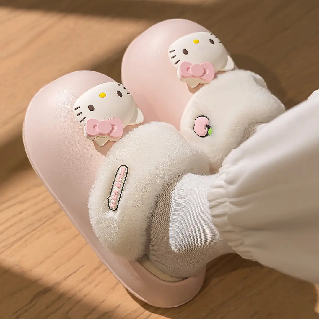 Waterproof Cotton Slippers Women's 2024 New Autumn and Winter Indoor Home Detachable Hello Kitty Plush Slippers Winter - Image 6