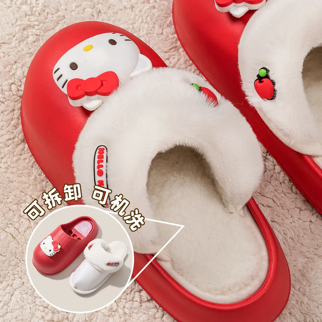 Waterproof Cotton Slippers Women's 2024 New Autumn and Winter Indoor Home Detachable Hello Kitty Plush Slippers Winter - Image 7