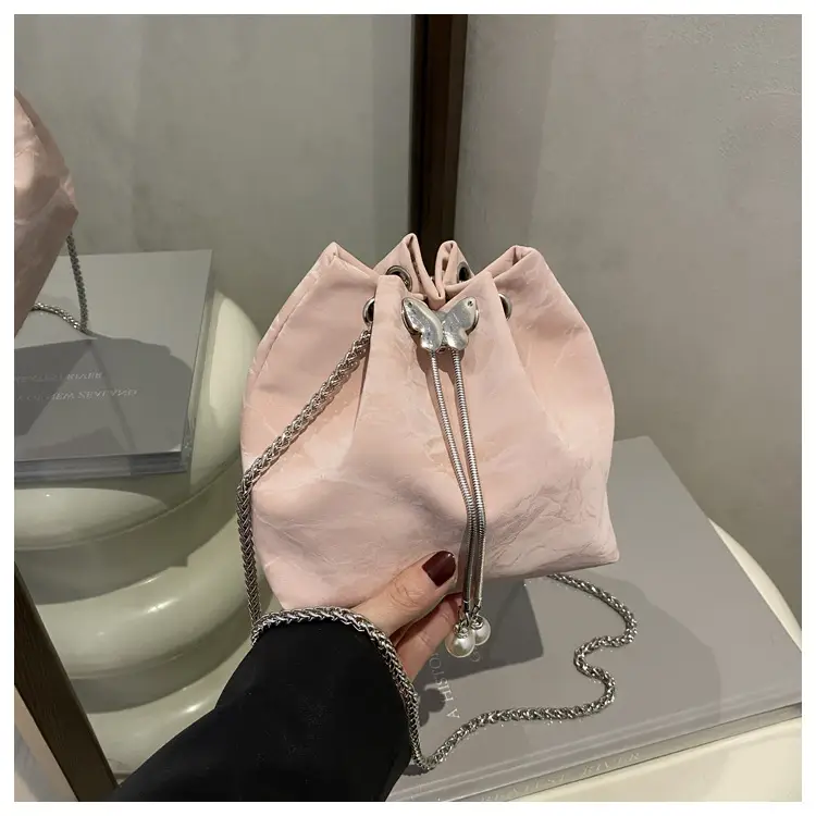 Pink Chain Drawstring Shoulder Bag for Women - Image 5