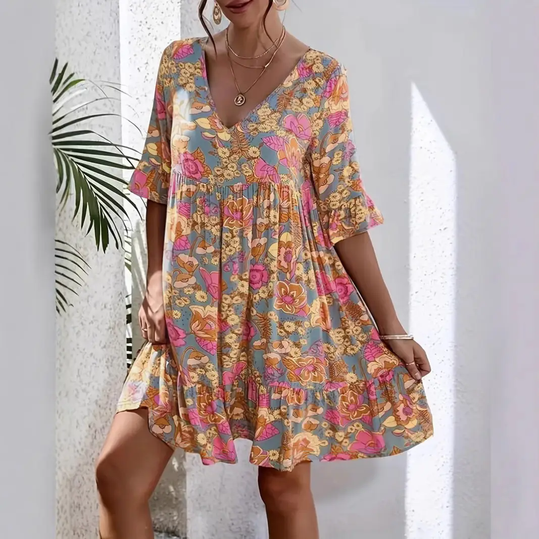 Bohemian V-Neck Floral Dress for Women - Image 2