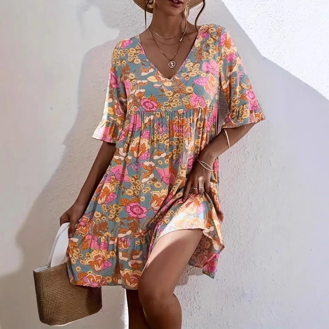 Bohemian V-Neck Floral Dress for Women - Image 3