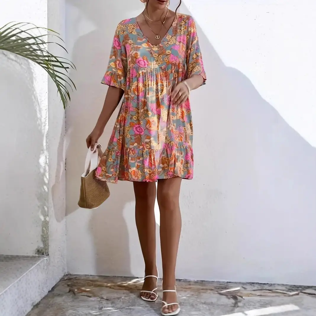 Bohemian V-Neck Floral Dress for Women - Image 5