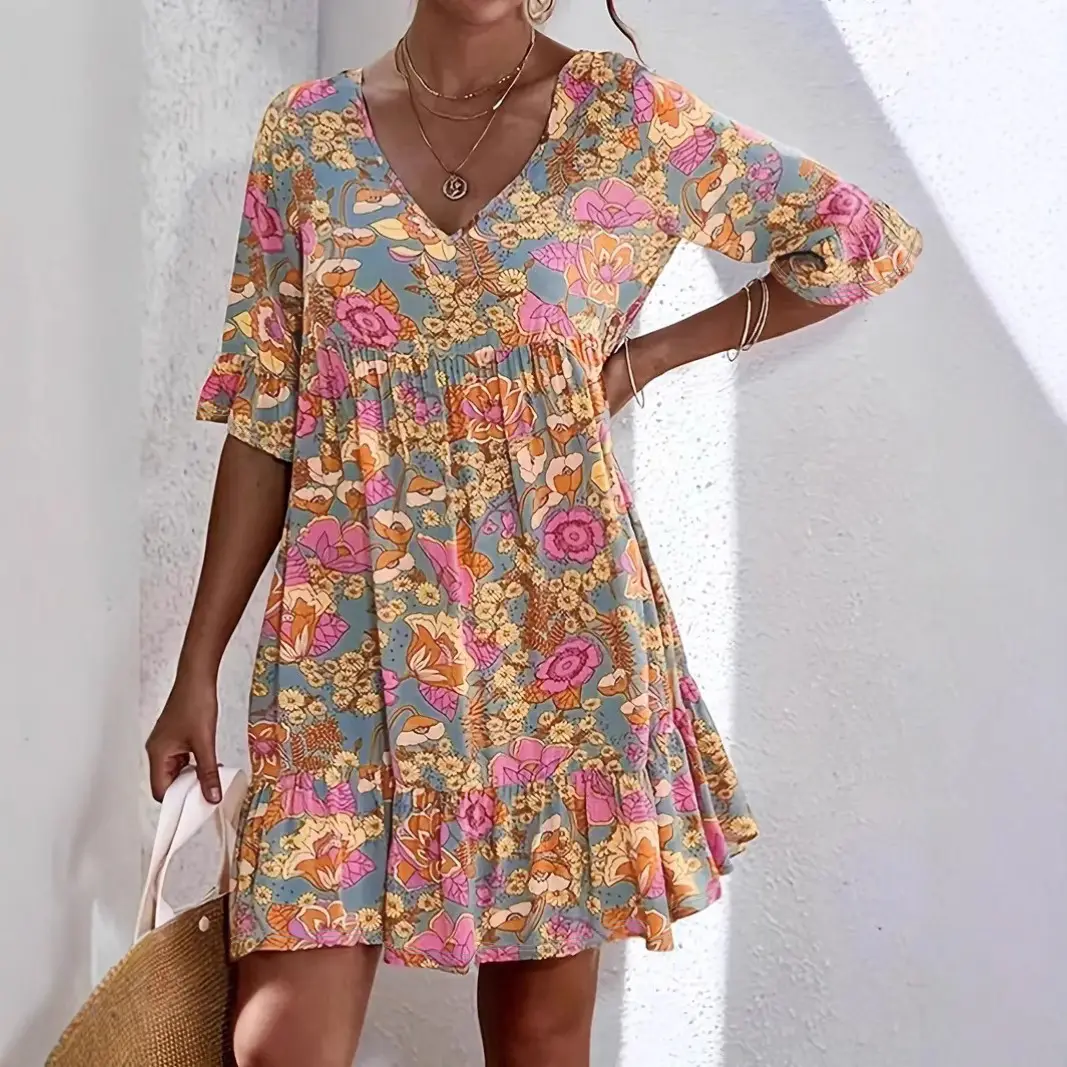 Bohemian V-Neck Floral Dress for Women - Image 6