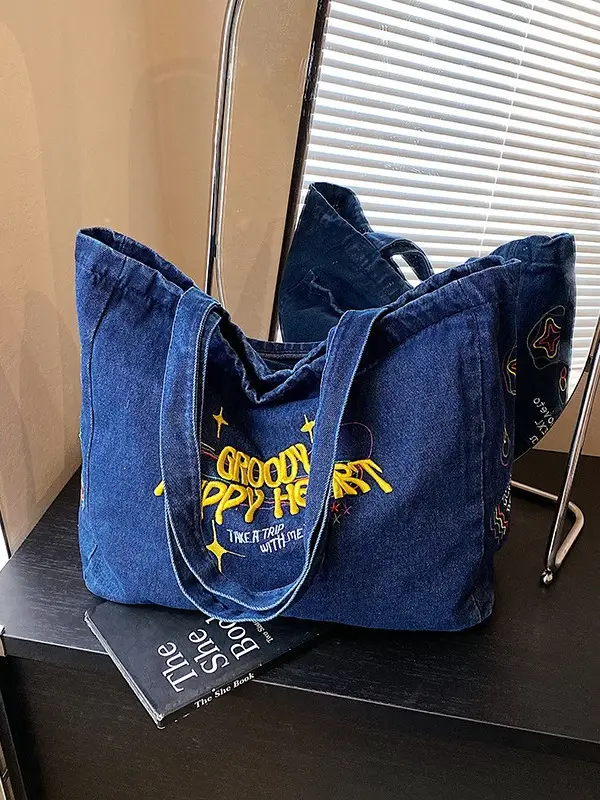Blue Denim Shoulder Bag for Women Large Capacity College Student Tote
