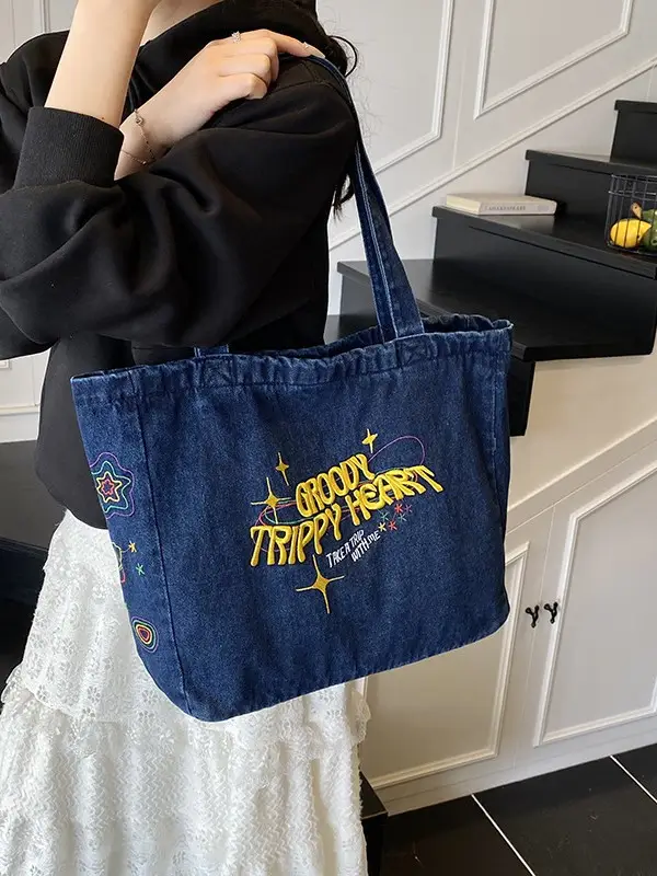 Blue Denim Shoulder Bag for Women Large Capacity College Student Tote