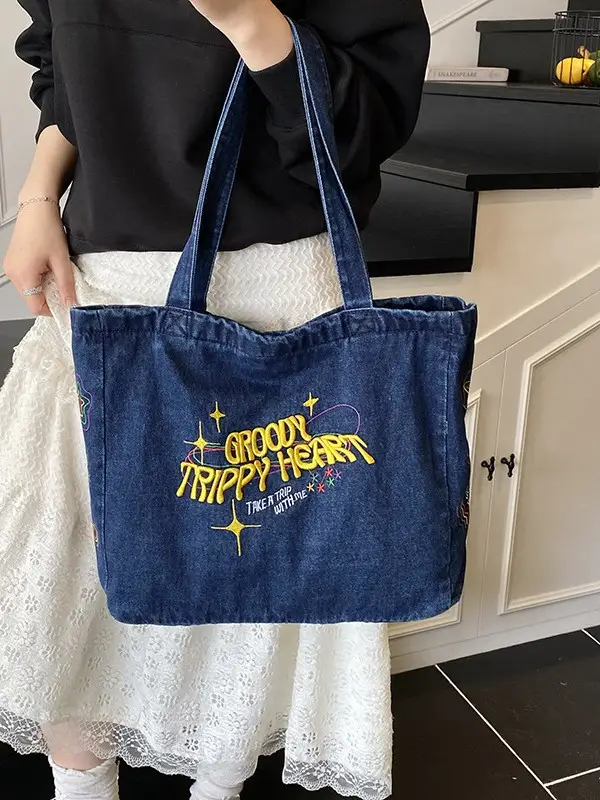 Blue Denim Shoulder Bag for Women Large Capacity College Student Tote