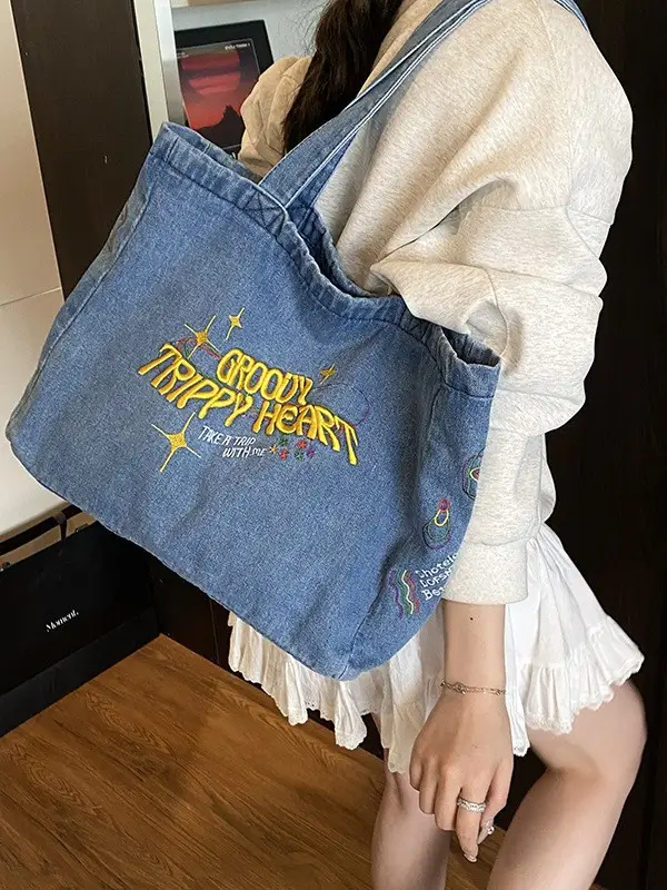 Blue Denim Shoulder Bag for Women Large Capacity College Student Tote