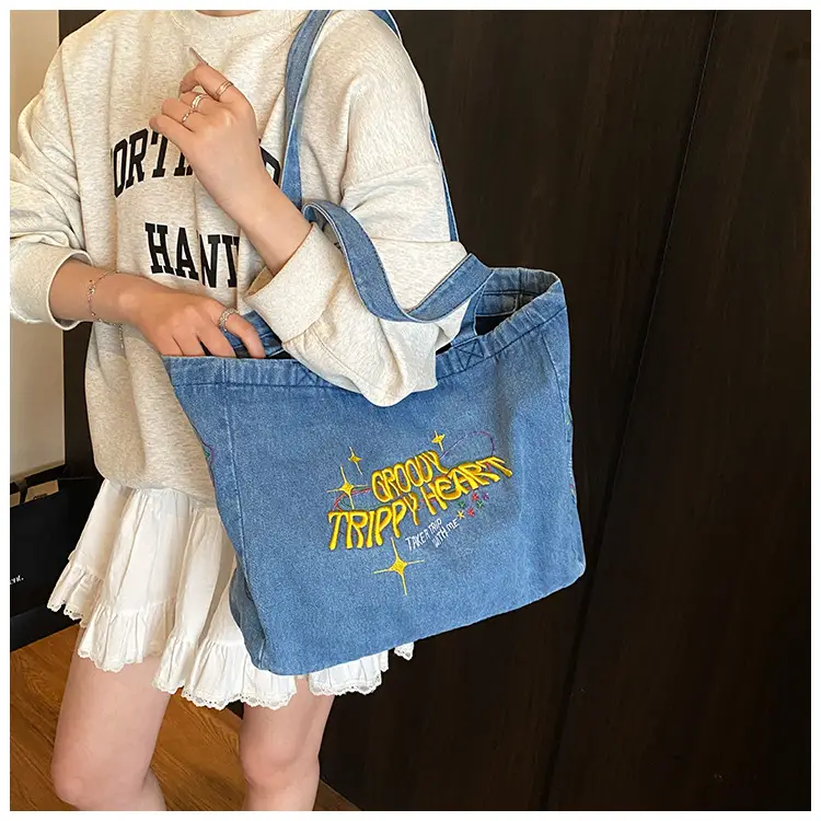 Blue Denim Shoulder Bag for Women Large Capacity College Student Tote — feature 10