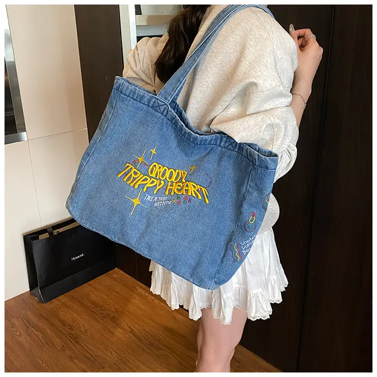 Blue Denim Shoulder Bag for Women Large Capacity College Student Tote — feature 11