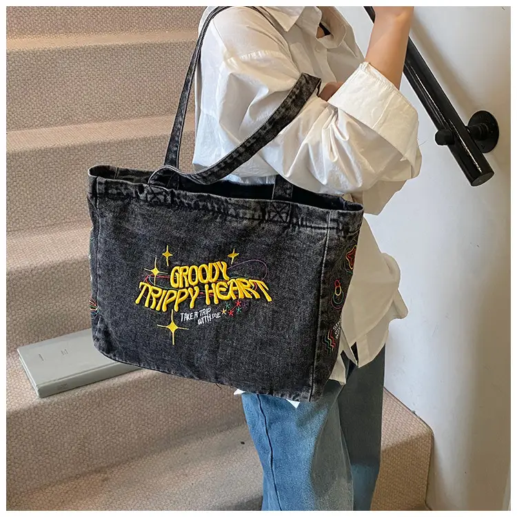 Blue Denim Shoulder Bag for Women Large Capacity College Student Tote — feature 13