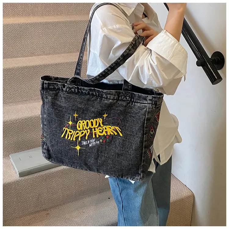Blue Denim Shoulder Bag for Women Large Capacity College Student Tote — feature 14