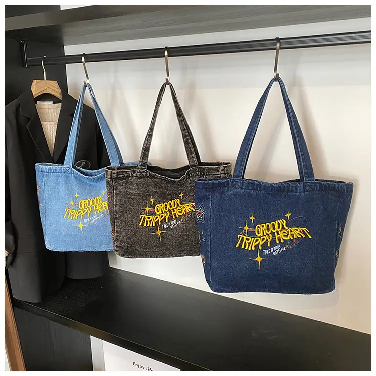Blue Denim Shoulder Bag for Women Large Capacity College Student Tote — feature 15