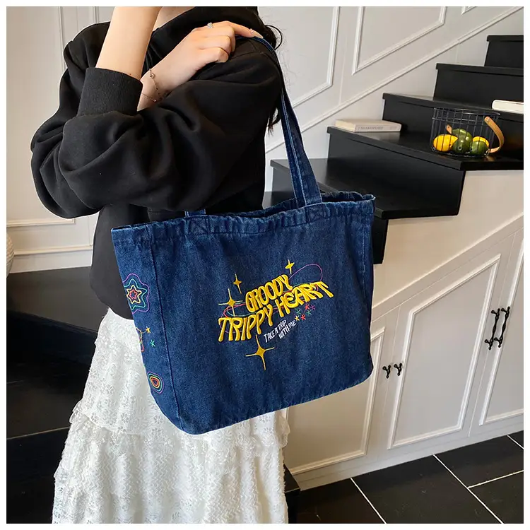 Blue Denim Shoulder Bag for Women Large Capacity College Student Tote — feature 7