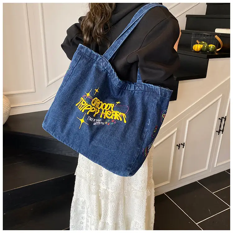Blue Denim Shoulder Bag for Women Large Capacity College Student Tote — feature 8