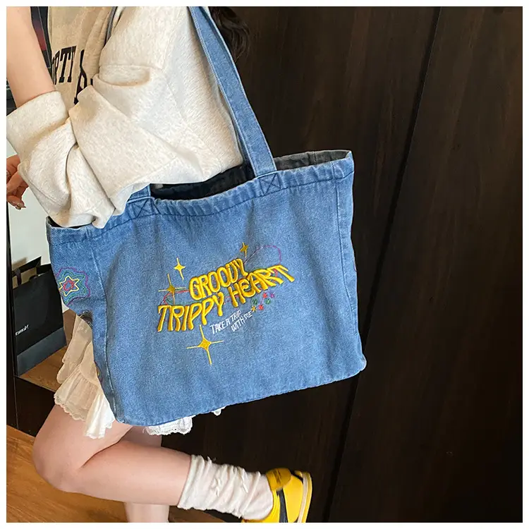 Blue Denim Shoulder Bag for Women Large Capacity College Student Tote — feature 9