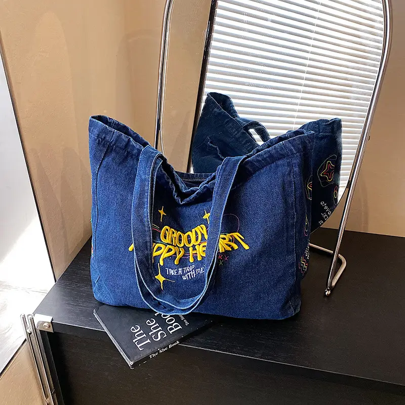 Blue Denim Shoulder Bag for Women Large Capacity College Student Tote