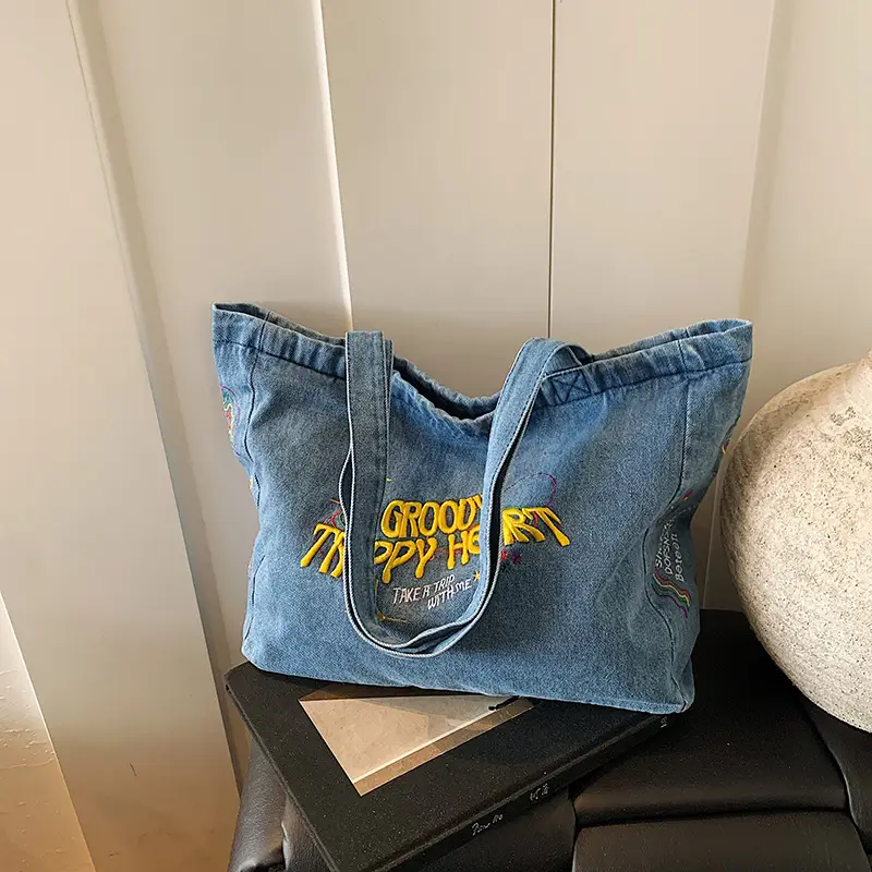 Blue Denim Shoulder Bag for Women Large Capacity College Student Tote