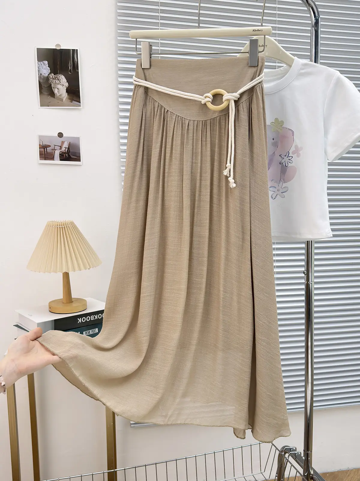 With Belt Drapey Zen Cotton Linen Skirt Large Hem — feature 4