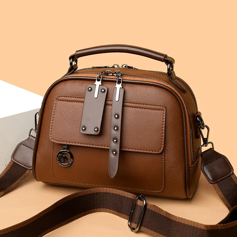 Brown Leather Shoulder Bag for Women with Double Layer Design