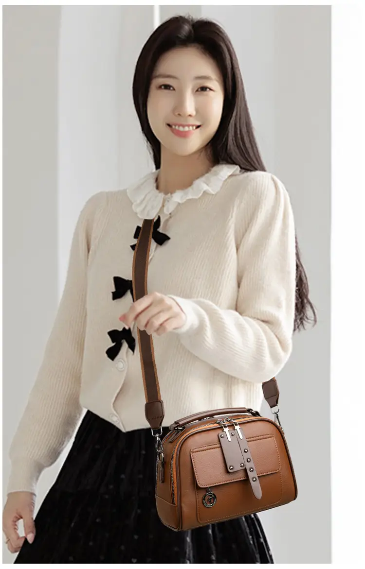 Brown Leather Shoulder Bag for Women with Double Layer Design — feature 14