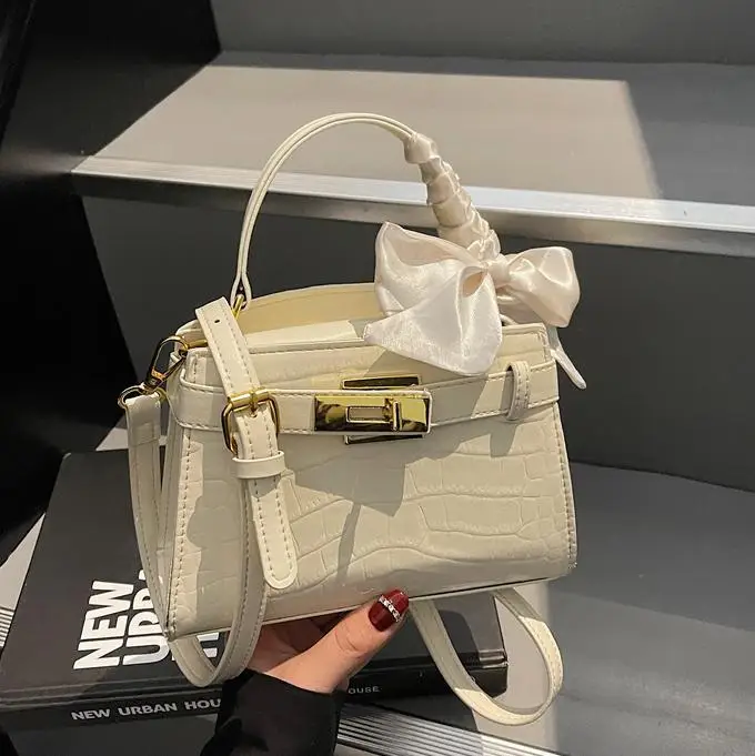 Women Croc Leather Handbag with Bow 2025 - Image 8