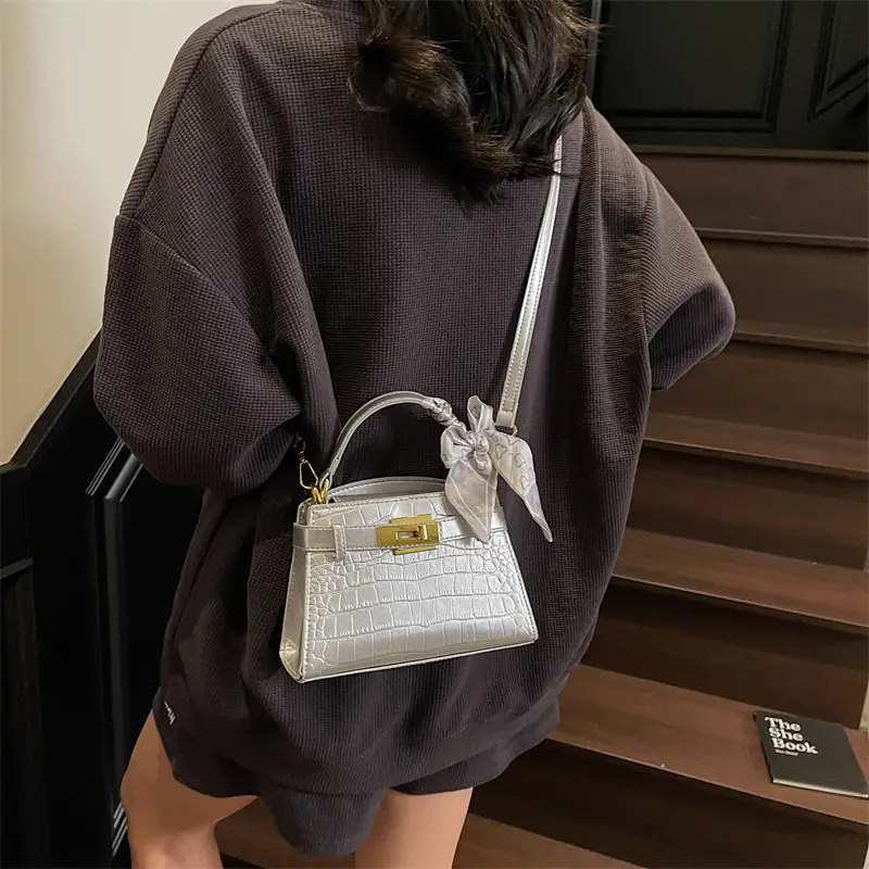 Women Croc Leather Handbag with Bow 2025 - Image 6
