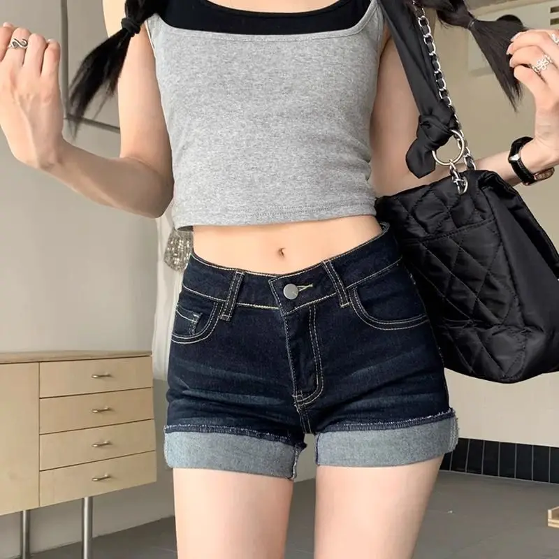 Dark Blue Denim Shorts for Petite Women Spicy Style Elastic Waist