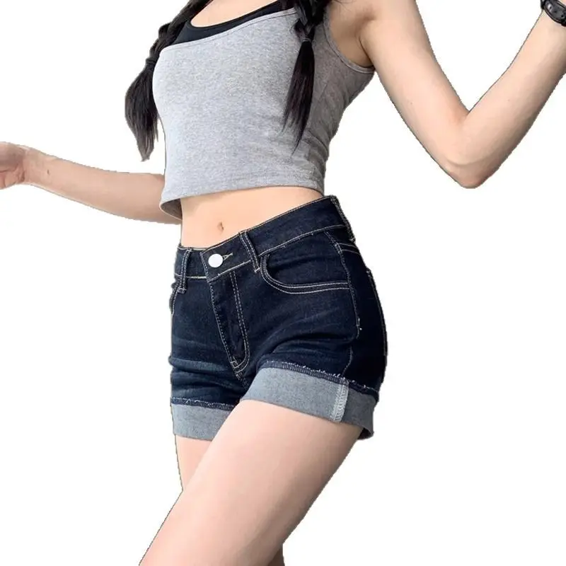 Dark Blue Denim Shorts for Petite Women Spicy Style Elastic Waist