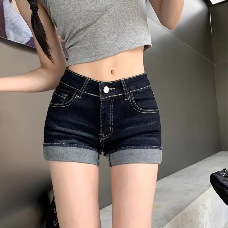 Dark Blue Denim Shorts for Petite Women Spicy Style Elastic Waist — feature 33