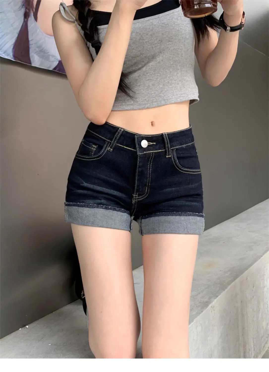 Dark Blue Denim Shorts for Petite Women Spicy Style Elastic Waist — feature 36