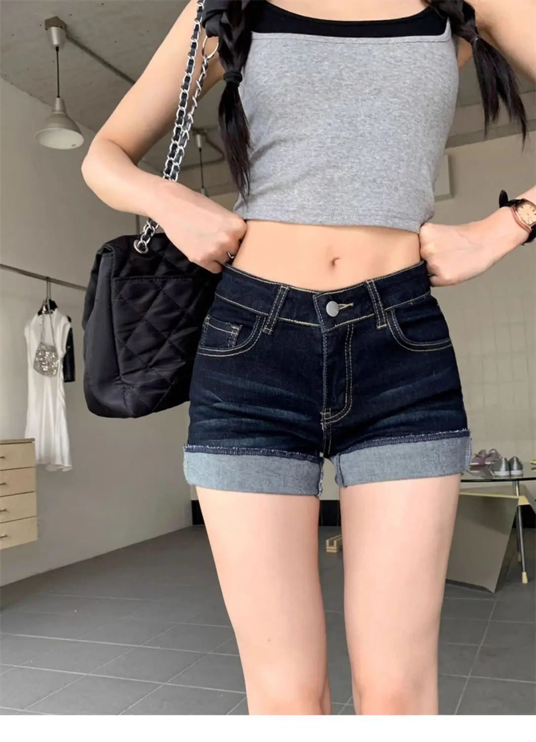 Dark Blue Denim Shorts for Petite Women Spicy Style Elastic Waist — feature 38