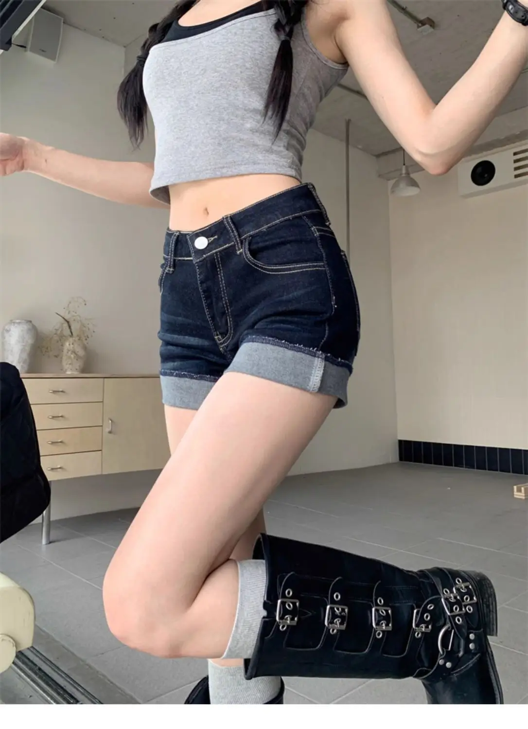 Dark Blue Denim Shorts for Petite Women Spicy Style Elastic Waist — feature 39