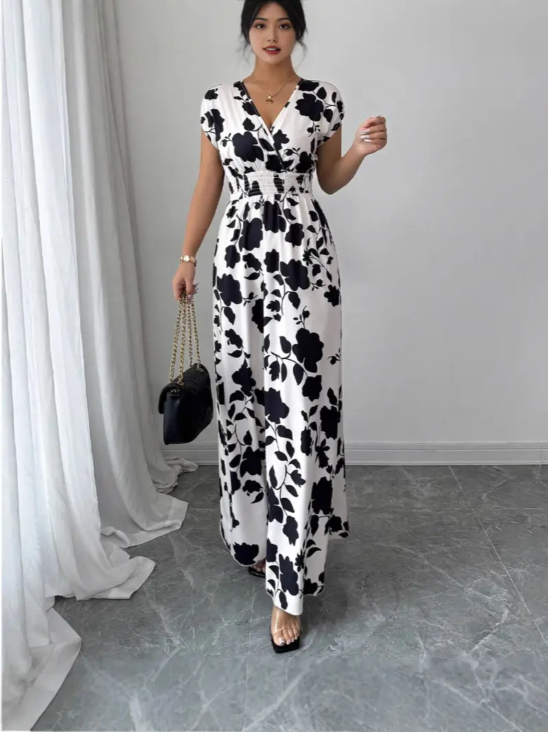 Short-sleeved Lace-up dress Amazon New Printed V-neck Long Dress Cross-border Summer Waist Women's Wear