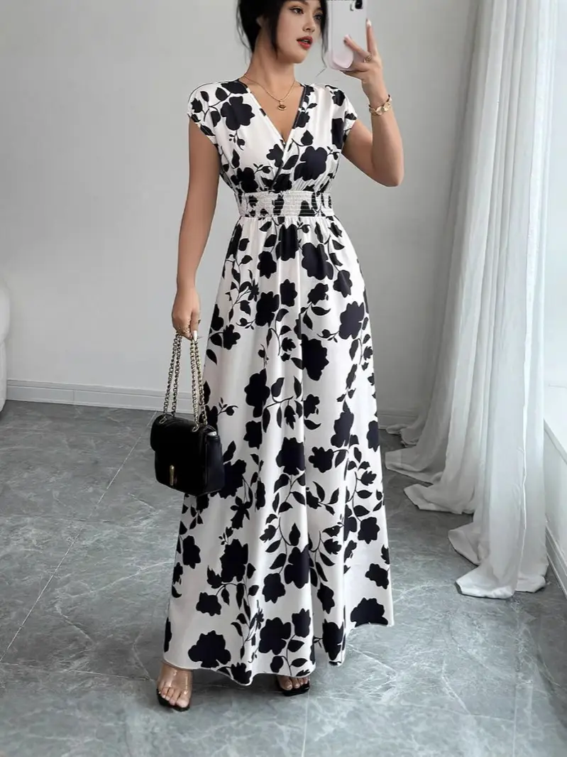 Short-sleeved Lace-up dress Amazon New Printed V-neck Long Dress Cross-border Summer Waist Women's Wear