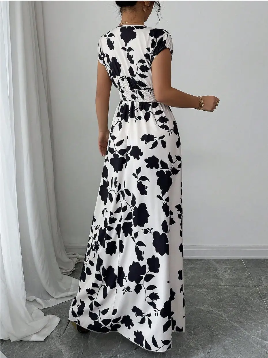Short-sleeved Lace-up dress Amazon New Printed V-neck Long Dress Cross-border Summer Waist Women's Wear