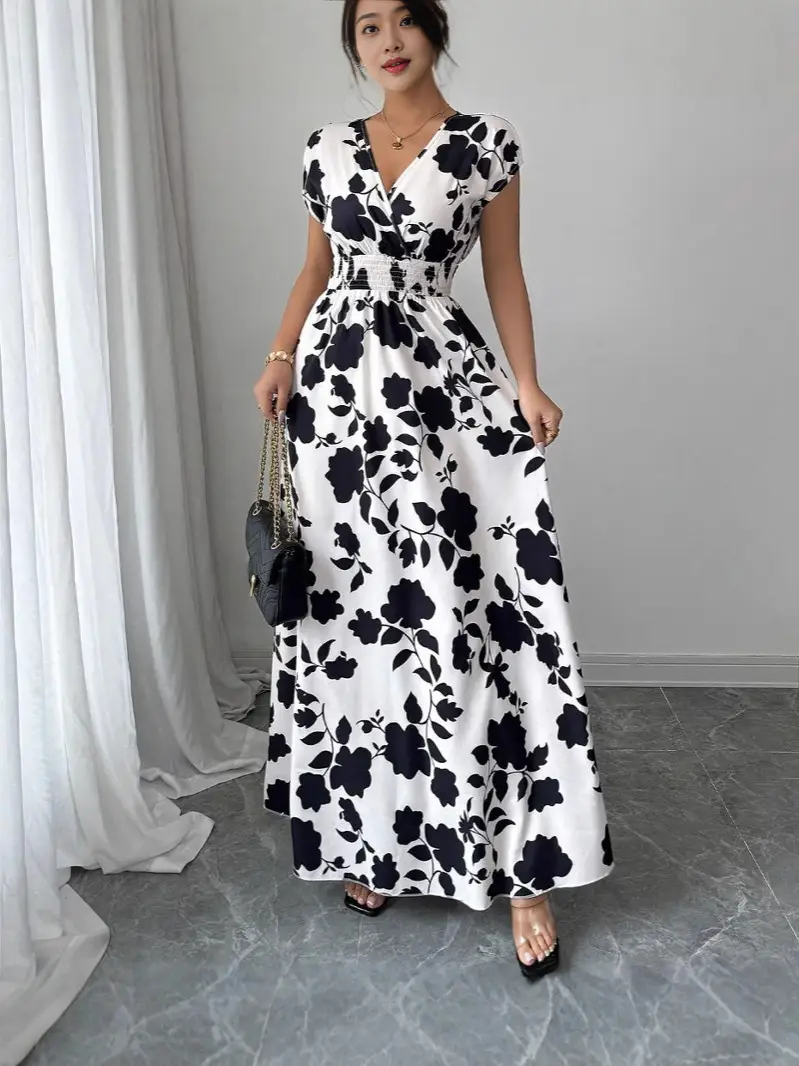 Short-sleeved Lace-up dress Amazon New Printed V-neck Long Dress Cross-border Summer Waist Women's Wear