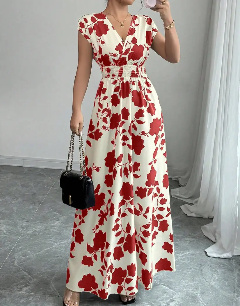 Short-sleeved Lace-up dress Amazon New Printed V-neck Long Dress Cross-border Summer Waist Women's Wear — feature 10
