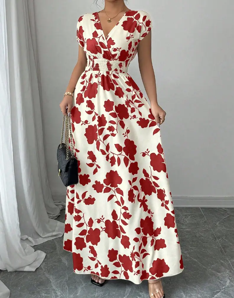 Short-sleeved Lace-up dress Amazon New Printed V-neck Long Dress Cross-border Summer Waist Women's Wear — feature 11
