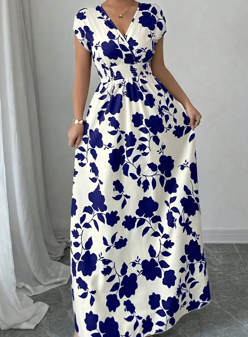 Short-sleeved Lace-up dress Amazon New Printed V-neck Long Dress Cross-border Summer Waist Women's Wear — feature 12