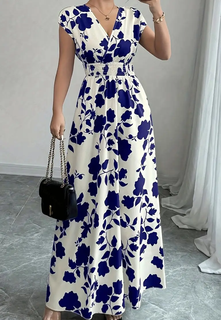 Short-sleeved Lace-up dress Amazon New Printed V-neck Long Dress Cross-border Summer Waist Women's Wear — feature 13