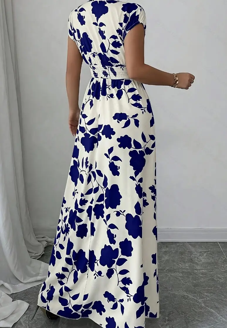 Short-sleeved Lace-up dress Amazon New Printed V-neck Long Dress Cross-border Summer Waist Women's Wear — feature 14