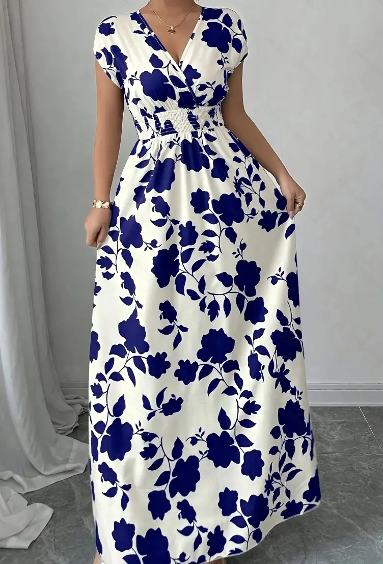 Short-sleeved Lace-up dress Amazon New Printed V-neck Long Dress Cross-border Summer Waist Women's Wear — feature 15