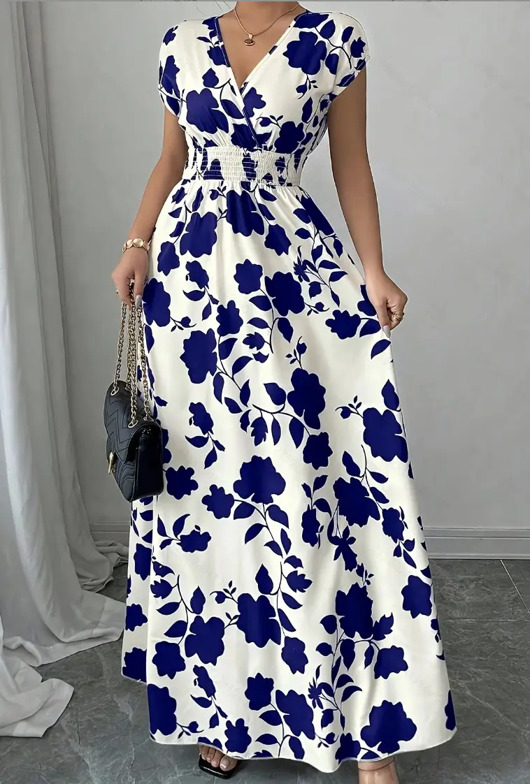 Short-sleeved Lace-up dress Amazon New Printed V-neck Long Dress Cross-border Summer Waist Women's Wear — feature 16