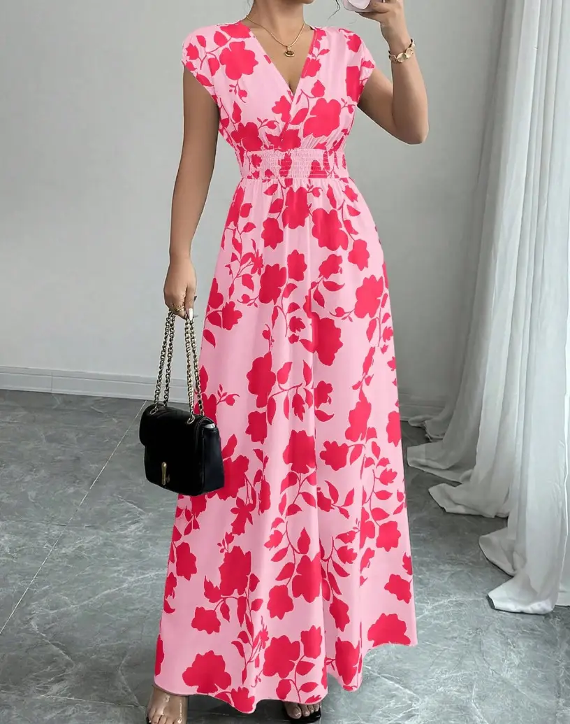 Short-sleeved Lace-up dress Amazon New Printed V-neck Long Dress Cross-border Summer Waist Women's Wear — feature 17
