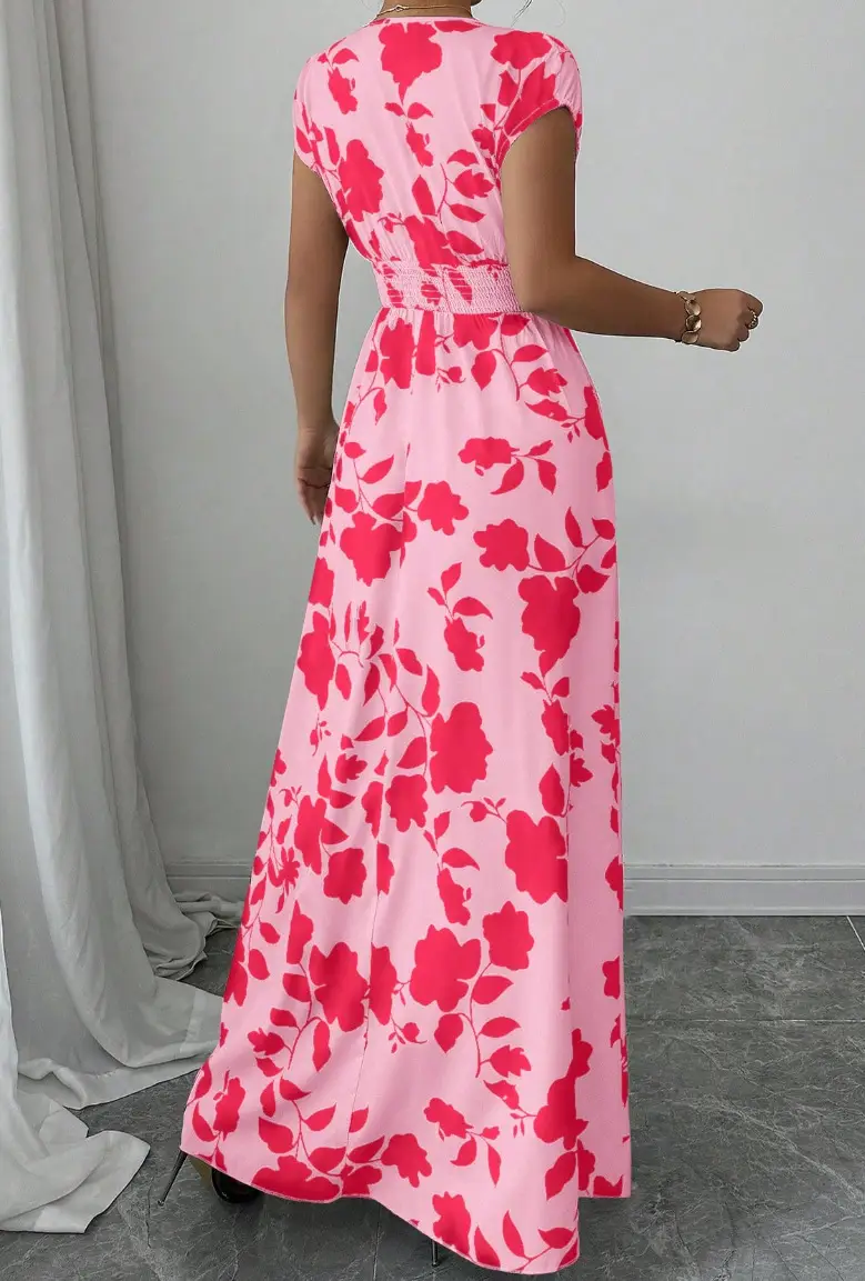 Short-sleeved Lace-up dress Amazon New Printed V-neck Long Dress Cross-border Summer Waist Women's Wear — feature 18